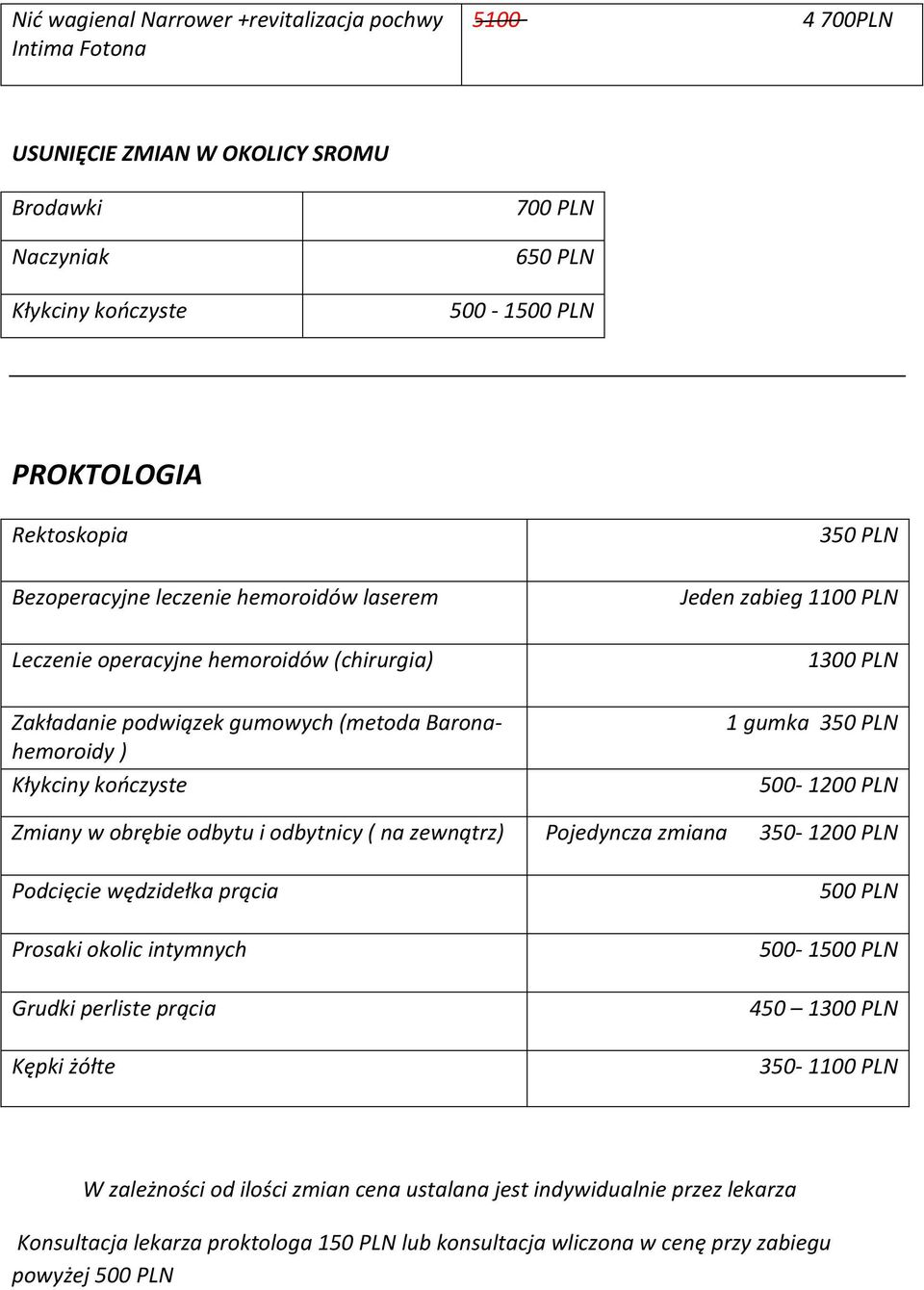 gumka 350 PLN 500-1200 PLN Zmiany w obrębie odbytu i odbytnicy ( na zewnątrz) Pojedyncza zmiana 350-1200 PLN Podcięcie wędzidełka prącia Prosaki okolic intymnych Grudki perliste prącia Kępki żółte