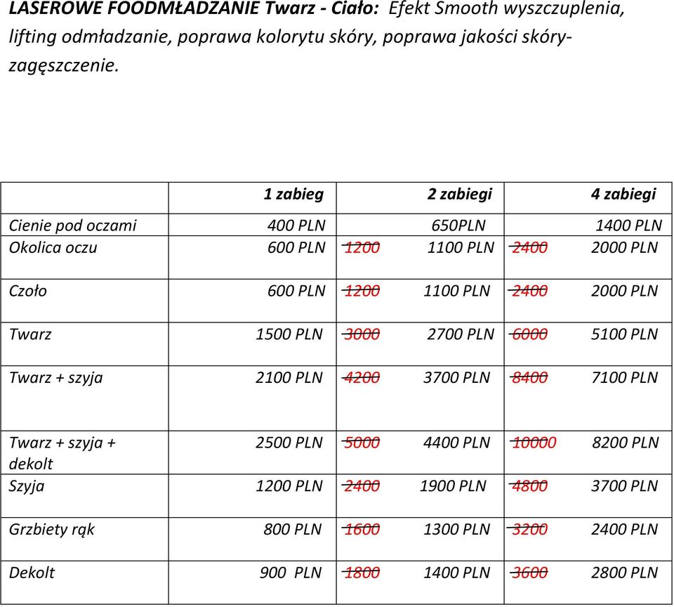 2400 2000 PLN Twarz 1500 PLN 3000 2700 PLN 6000 5100 PLN Twarz + szyja 2100 PLN 4200 3700 PLN 8400 7100 PLN Twarz + szyja + 2500 PLN 5000 4400 PLN