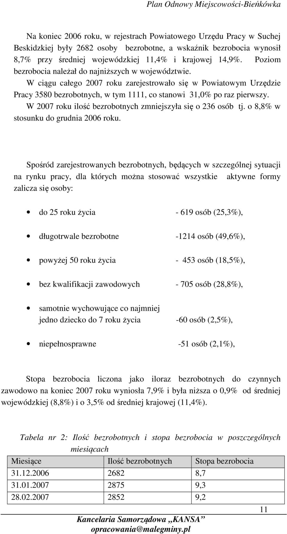 W 2007 roku ilość bezrobotnych zmniejszyła się o 236 osób tj. o 8,8% w stosunku do grudnia 2006 roku.