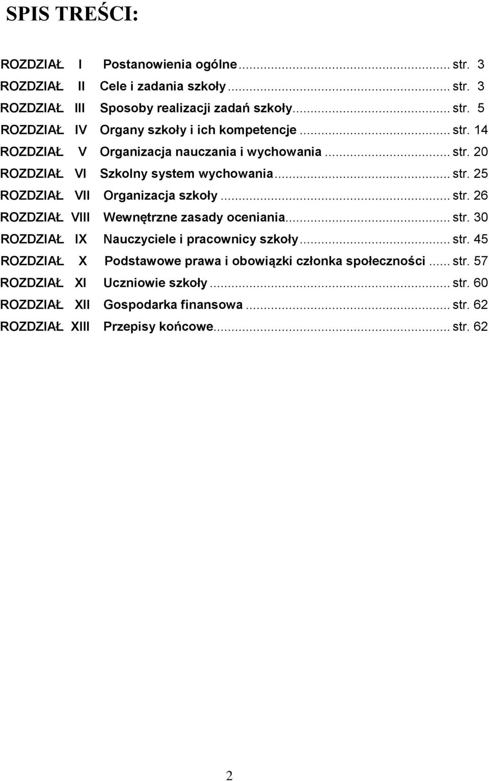 .. str. 30 ROZDZIAŁ IX Nauczyciele i pracownicy szkoły... str. 45 ROZDZIAŁ X Podstawowe prawa i obowiązki członka społeczności... str. 57 ROZDZIAŁ XI Uczniowie szkoły.