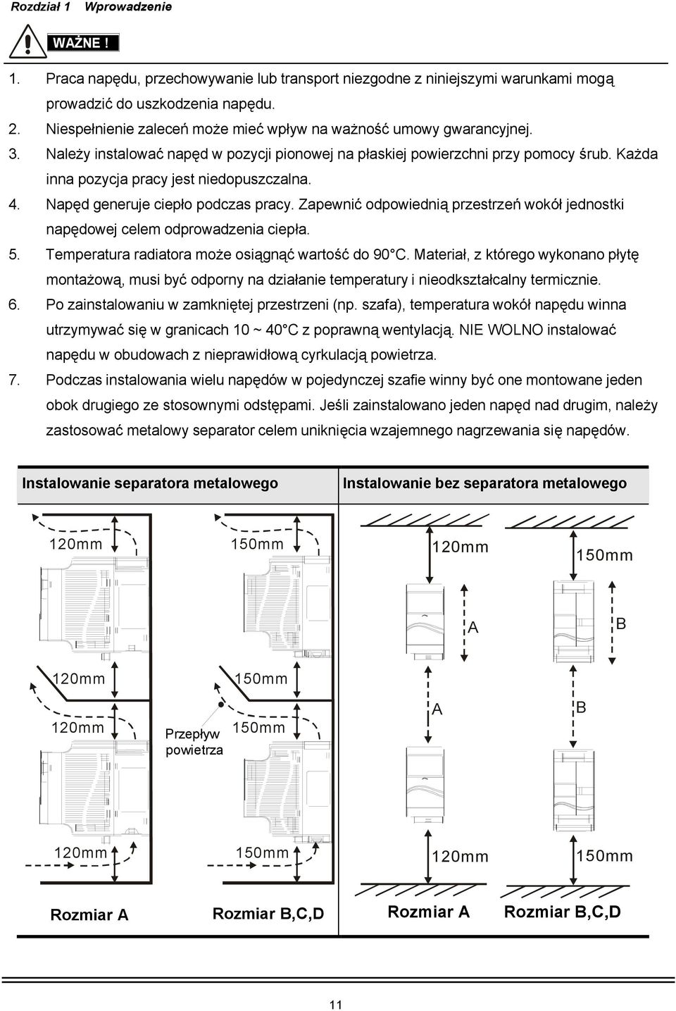 Każda inna pozycja pracy jest niedopuszczalna. 4. Napęd generuje ciepło podczas pracy. Zapewnić odpowiednią przestrzeń wokół jednostki napędowej celem odprowadzenia ciepła. 5.