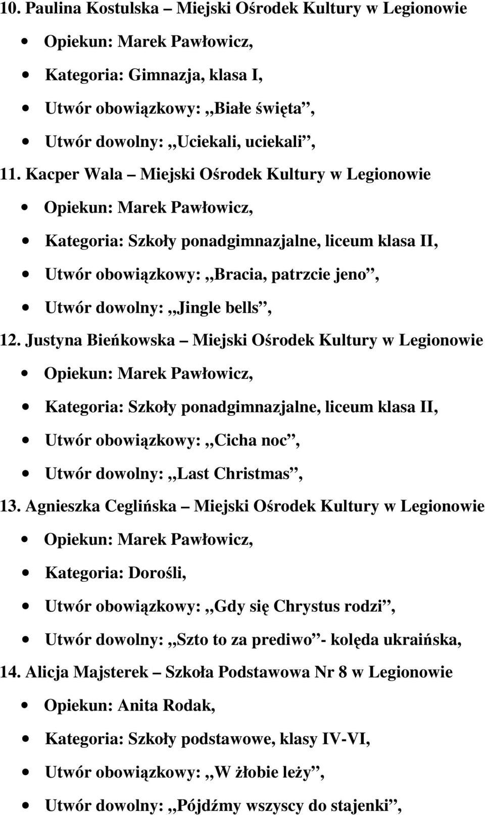 Justyna Bieńkowska Miejski Ośrodek Kultury w Legionowie Kategoria: Szkoły ponadgimnazjalne, liceum klasa II, Utwór obowiązkowy: Cicha noc, Utwór dowolny: Last Christmas, 13.