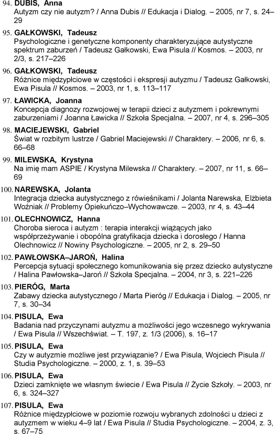 GAŁKOWSKI, Tadeusz Różnice międzypłciowe w częstości i ekspresji autyzmu / Tadeusz Gałkowski, Ewa Pisula // Kosmos. 2003, nr 1, s. 113 117 97.