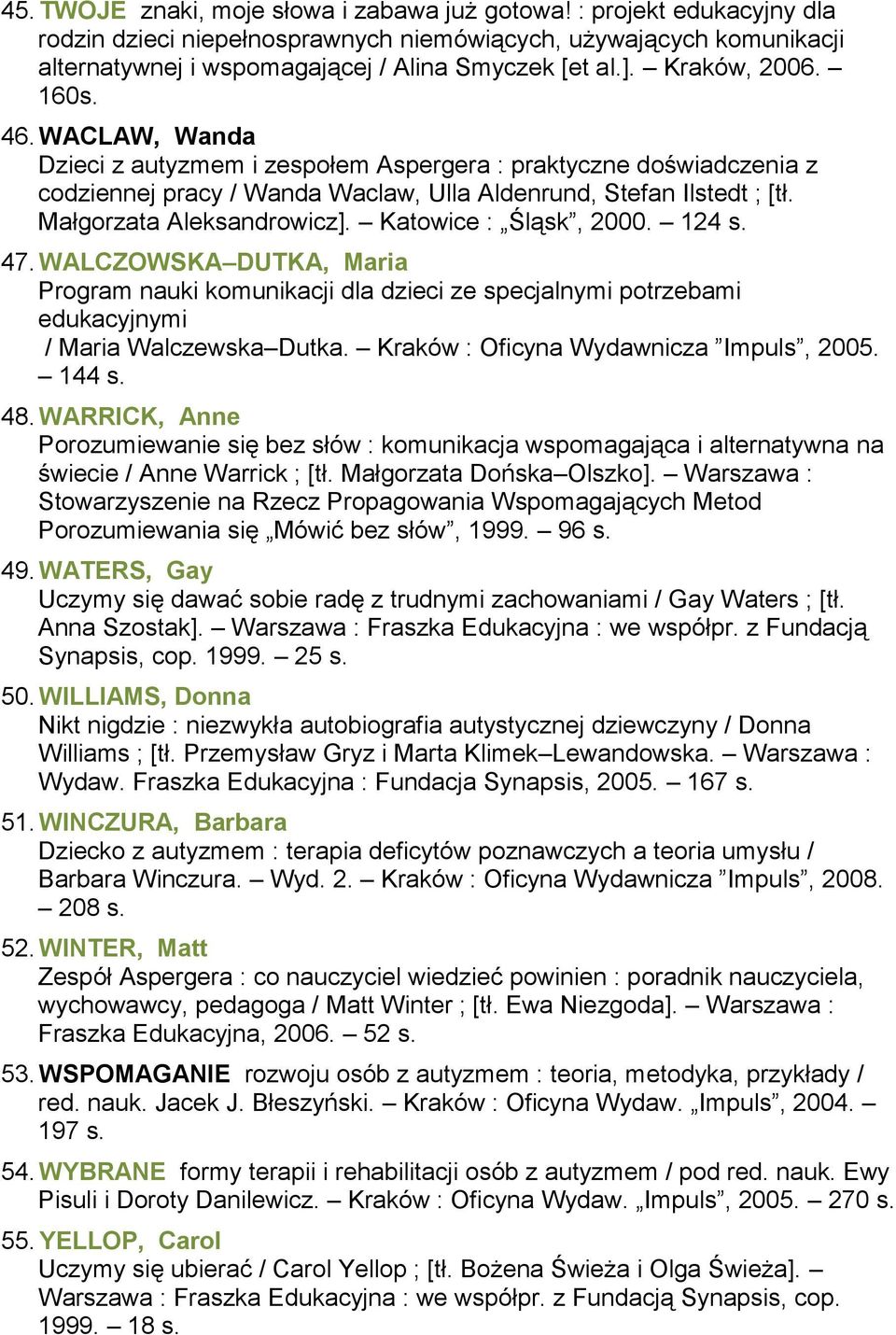 Małgorzata Aleksandrowicz]. Katowice : Śląsk, 2000. 124 s. 47. WALCZOWSKA DUTKA, Maria Program nauki komunikacji dla dzieci ze specjalnymi potrzebami edukacyjnymi / Maria Walczewska Dutka.