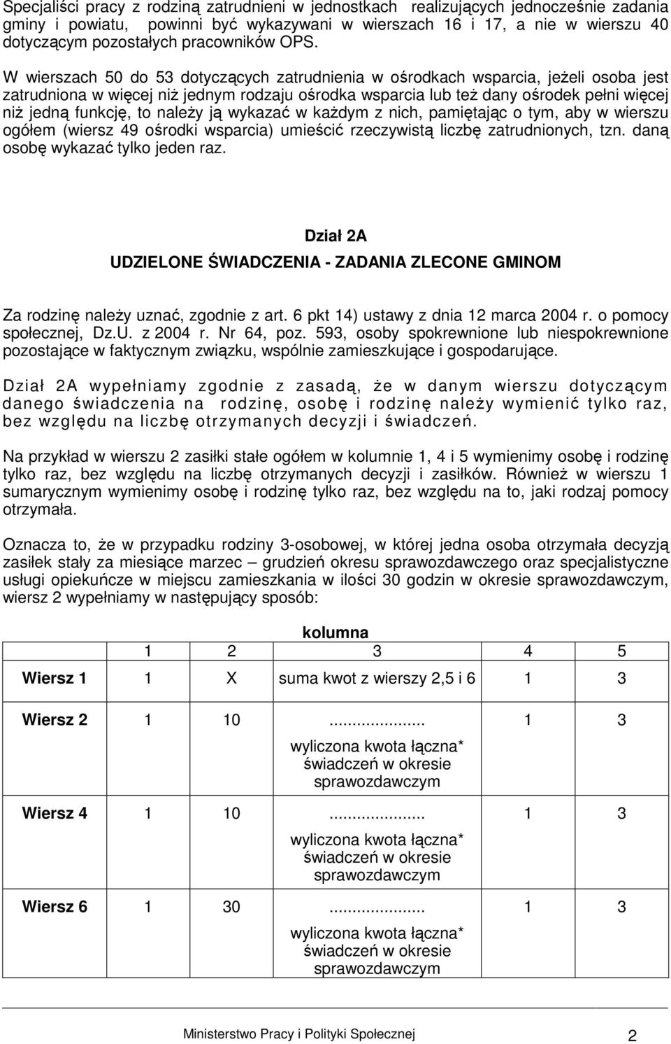 W wierszach 50 do 53 dotyczących zatrudnienia w ośrodkach wsparcia, jeŝeli osoba jest zatrudniona w więcej niŝ jednym rodzaju ośrodka wsparcia lub teŝ dany ośrodek pełni więcej niŝ jedną funkcję, to