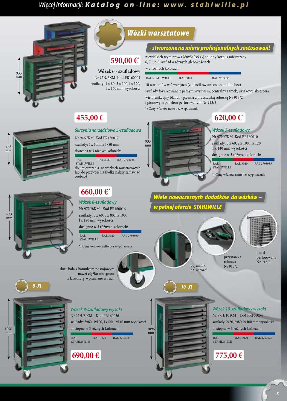 niewielkich wymiarów (780x540x933) solidny korpus mieszczący 6, 7 lub 8 szuflad o różnych głębokościach w 3 różnych kolorach: RAL STAHLWILLE RAL 3020 RAL 2703035 10 wariantów w 2 wersjach (z