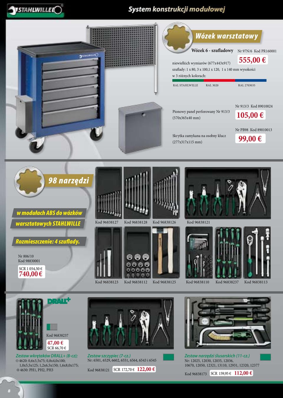 89010013 99,00 98 narzędzi w modułach ABS do wózków warsztatowych STAHLWILLE Kod 96838127 Kod 96838128 Kod 96838126 Kod 96838121 Rozmieszczenie: 4 szuflady.