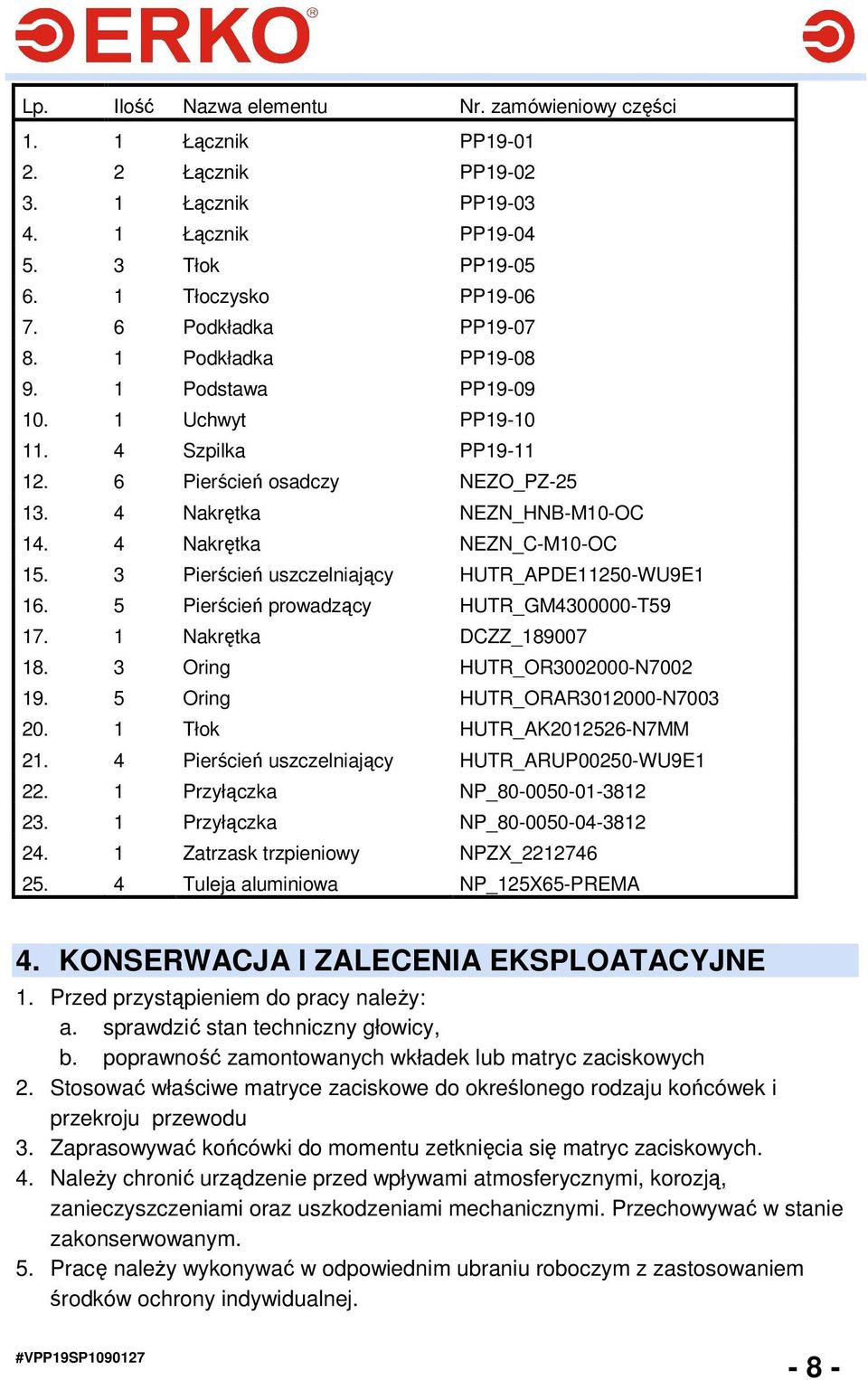 3 Pierścień uszczelniający HUTR_APDE11250-WU9E1 16. 5 Pierścień prowadzący HUTR_GM4300000-T59 17. 1 Nakrętka DCZZ_189007 18. 3 Oring HUTR_OR3002000-N7002 19. 5 Oring HUTR_ORAR3012000-N7003 20.