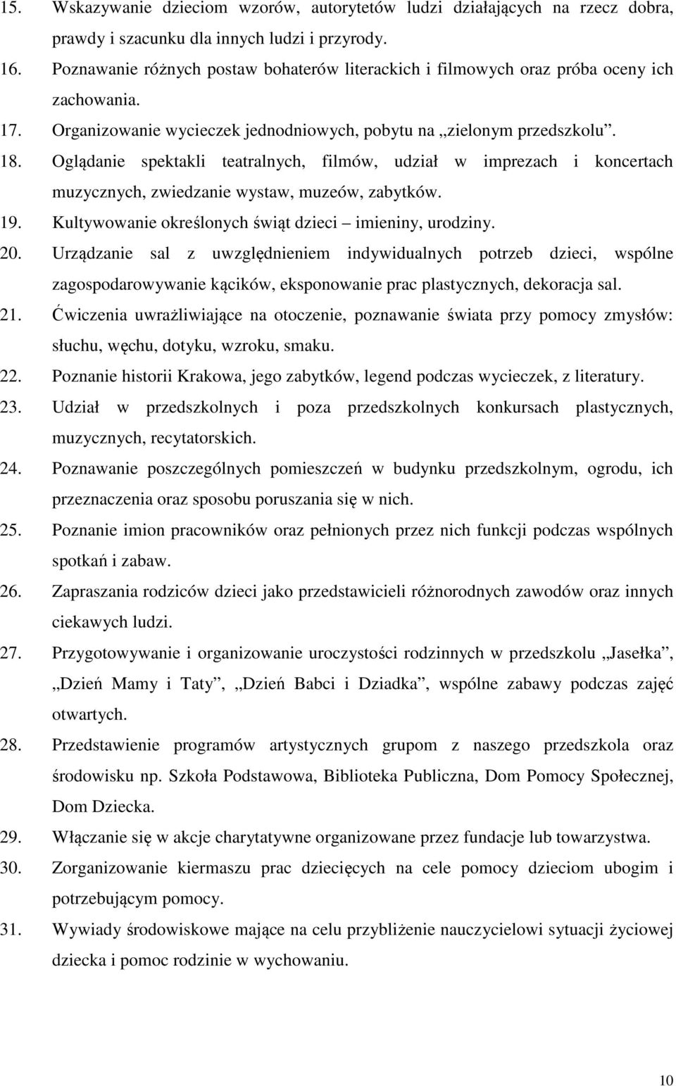 Oglądanie spektakli teatralnych, filmów, udział w imprezach i koncertach muzycznych, zwiedzanie wystaw, muzeów, zabytków. 19. Kultywowanie określonych świąt dzieci imieniny, urodziny. 20.