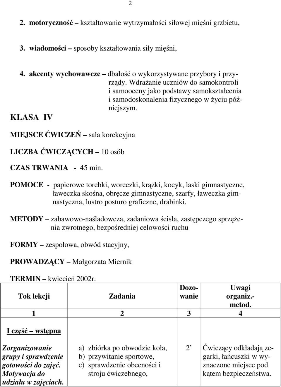 KLASA IV MIEJSCE ĆWICZEŃ sala korekcyjna LICZBA ĆWICZĄCYCH 10 osób CZAS TRWANIA - 45 min.