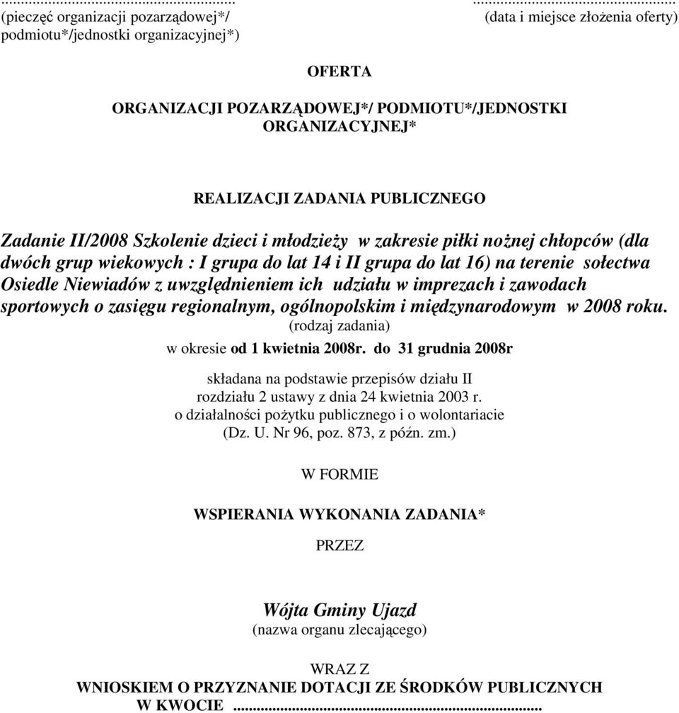 Niewiadów z uwzględnieniem ich udziału w imprezach i zawodach sportowych o zasięgu regionalnym, ogólnopolskim i międzynarodowym w 2008 roku. (rodzaj zadania) w okresie od 1 kwietnia 2008r.