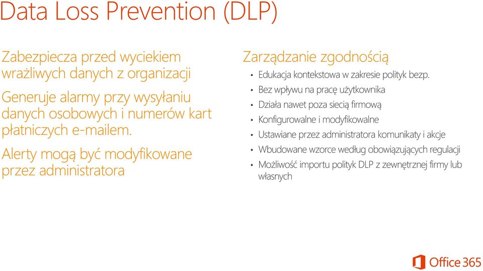 Alerty mogą być modyfikowane przez administratora Zarządzanie zgodnością Edukacja kontekstowa w zakresie polityk bezp.