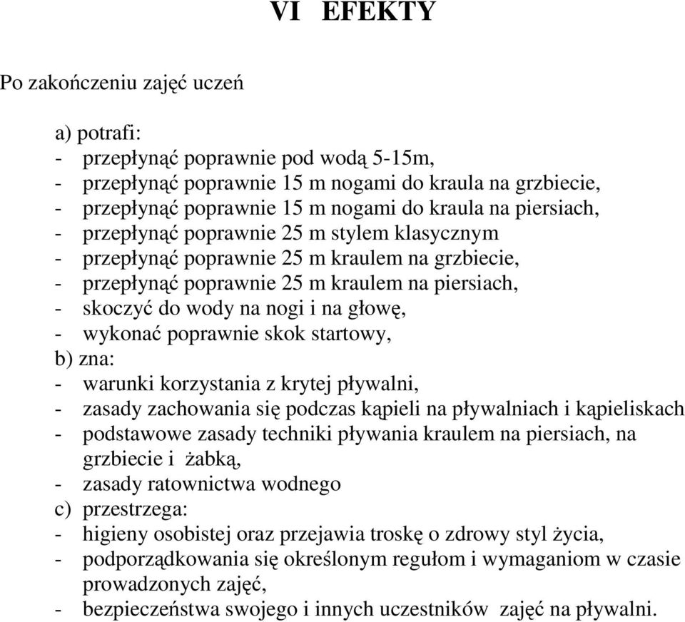 startowy, b) zna: - warunki korzystania z krytej pływalni, - zasady zachowania się podczas kąpieli na pływalniach i kąpieliskach - podstawowe zasady techniki pływania kraulem na, na grzbiecie i