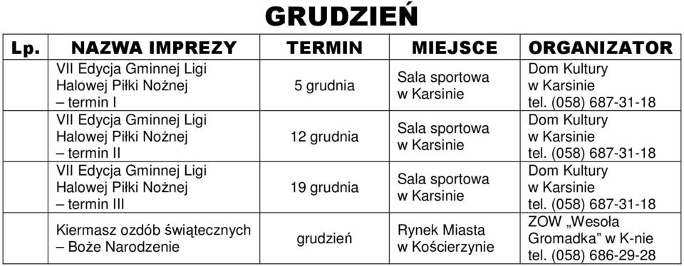 Piłki NoŜnej termin III Kiermasz ozdób świątecznych BoŜe Narodzenie 5 grudnia