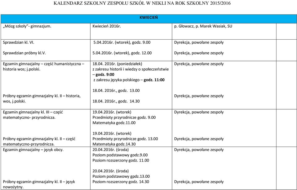 Egzamin gimnazjalny język obcy. Próbny egzamin gimnazjalny kl. II język nowożytny. 5.04.2016r. (wtorek), godz. 9.00 5.04.2016r. (wtorek), godz. 12.00 18.04. 2016r.