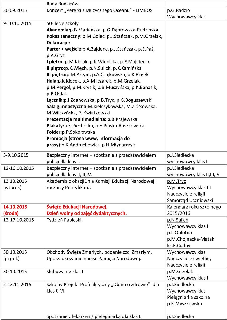 m.artym, p.a.czajkowska, p.k.białek Hala:p.K.Klocek, p.a.milczarek, p.m.grzelak, p.m.pergoł, p.m.krysik, p.b.muszyńska, p.k.banasik, p.p.ołdak Łącznik:p.I.Zdanowska, p.b.tryc, p.g.boguszewski Sala gimnastyczna:m.