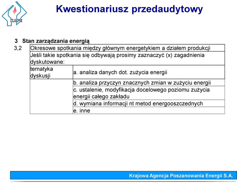 dyskusji a. analiza danych dot. zużycia energii b. analiza przyczyn znacznych zmian w zużyciu energii c.