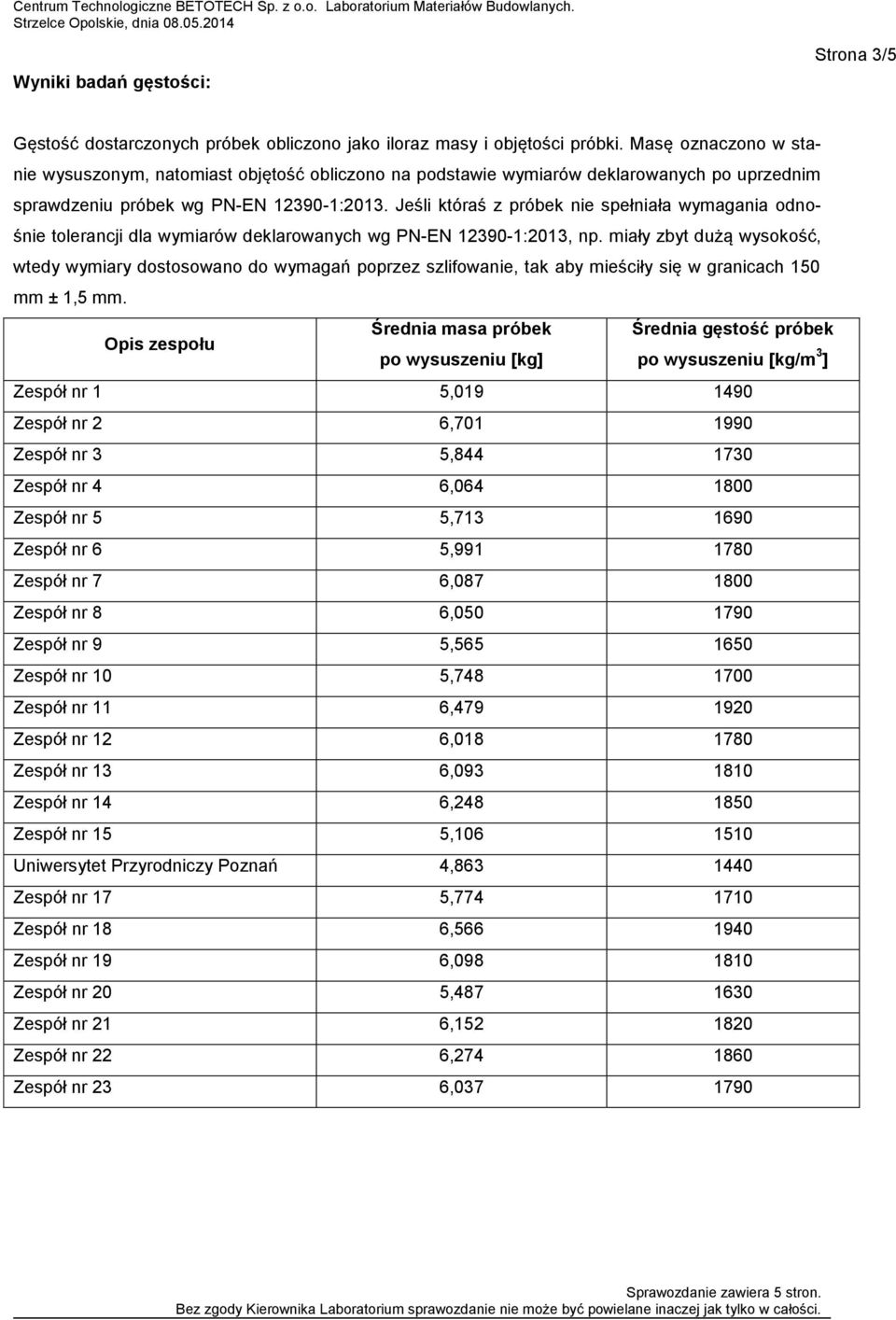 Jeśli któraś z próbek nie spełniała wymagania odnośnie tolerancji dla wymiarów deklarowanych wg PN-EN 12390-1:2013, np.