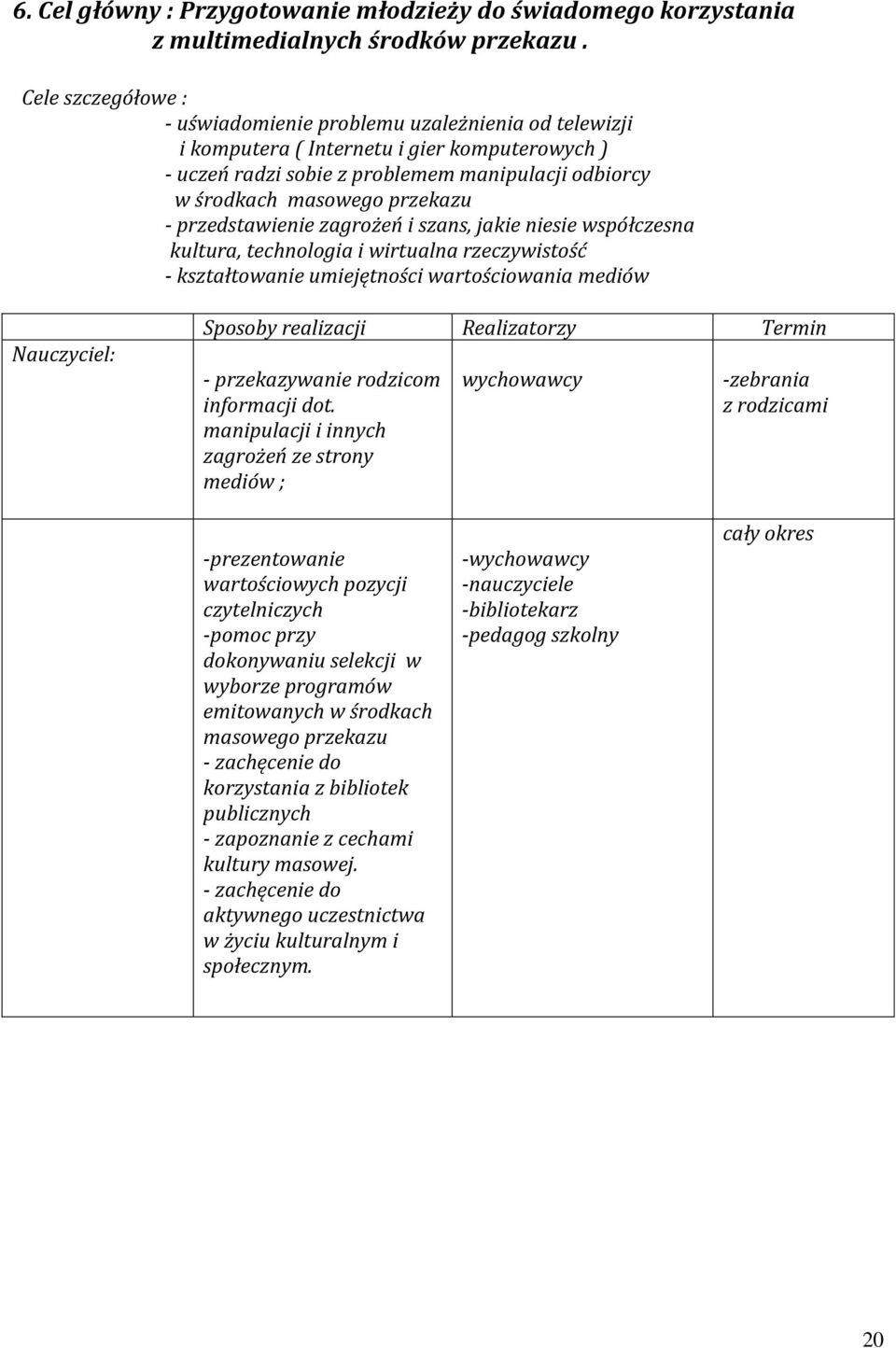 - przedstawienie zagrożeń i szans, jakie niesie współczesna kultura, technologia i wirtualna rzeczywistość - kształtowanie umiejętności wartościowania mediów Nauczyciel: Sposoby realizacji
