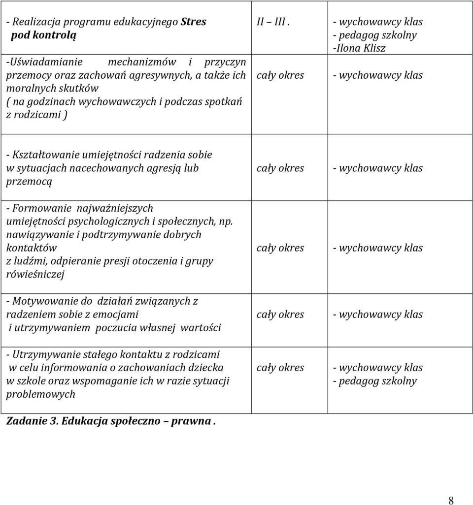 - pedagog szkolny -Ilona Klisz - Kształtowanie umiejętności radzenia sobie w sytuacjach nacechowanych agresją lub przemocą - Formowanie najważniejszych umiejętności psychologicznych i społecznych, np.