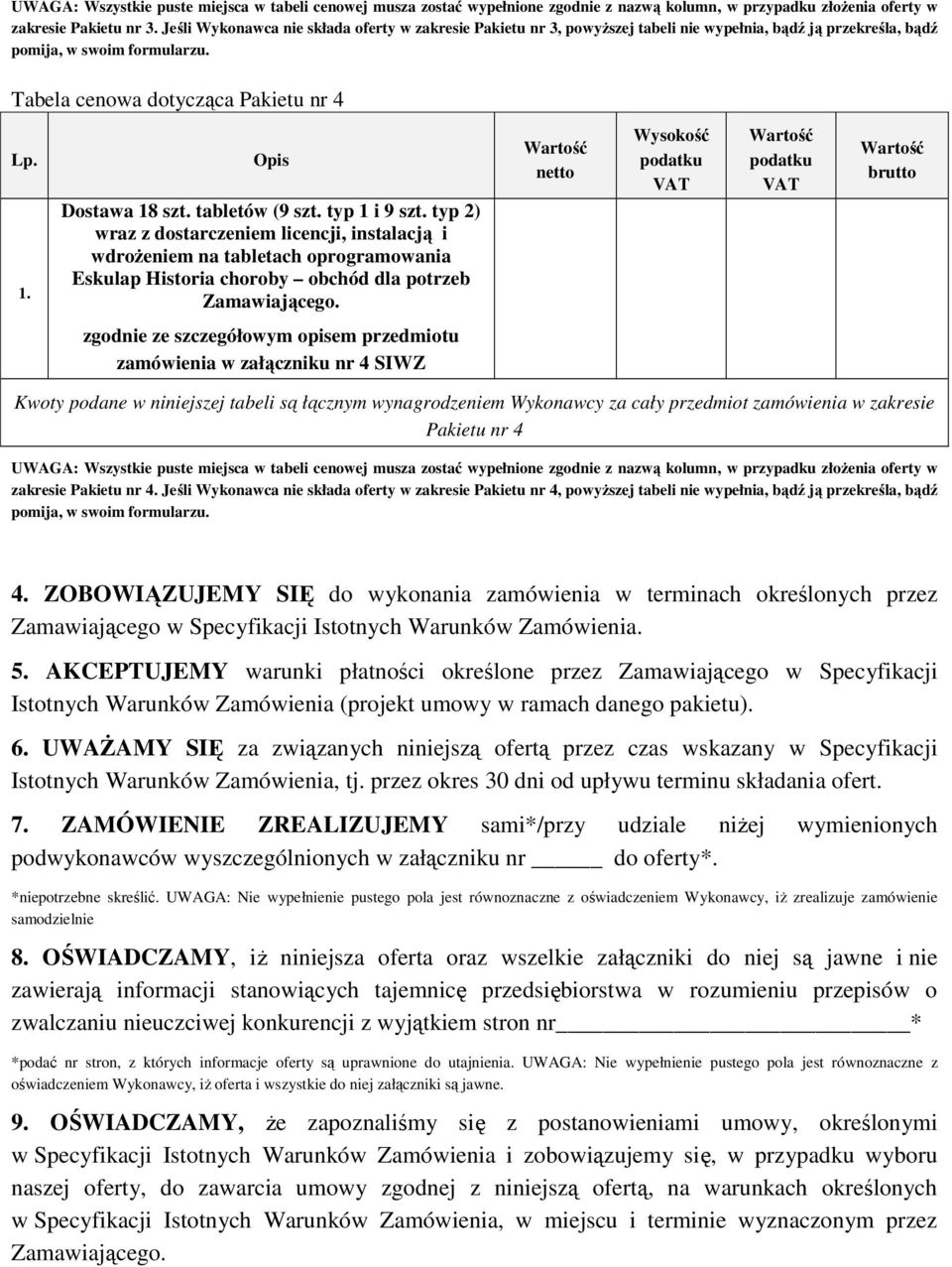 Opis Dostawa 18 szt. tabletów (9 szt. typ 1 i 9 szt.