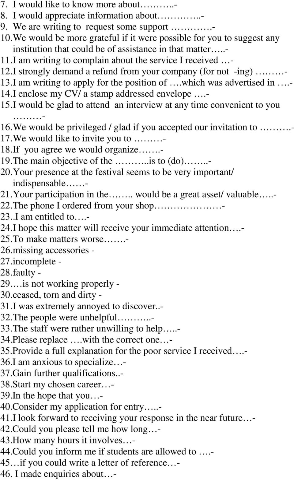 I strongly demand a refund from your company (for not -ing) - 13. I am writing to apply for the position of.which was advertised in.- 14. I enclose my CV/ a stamp addressed envelope.- 15.