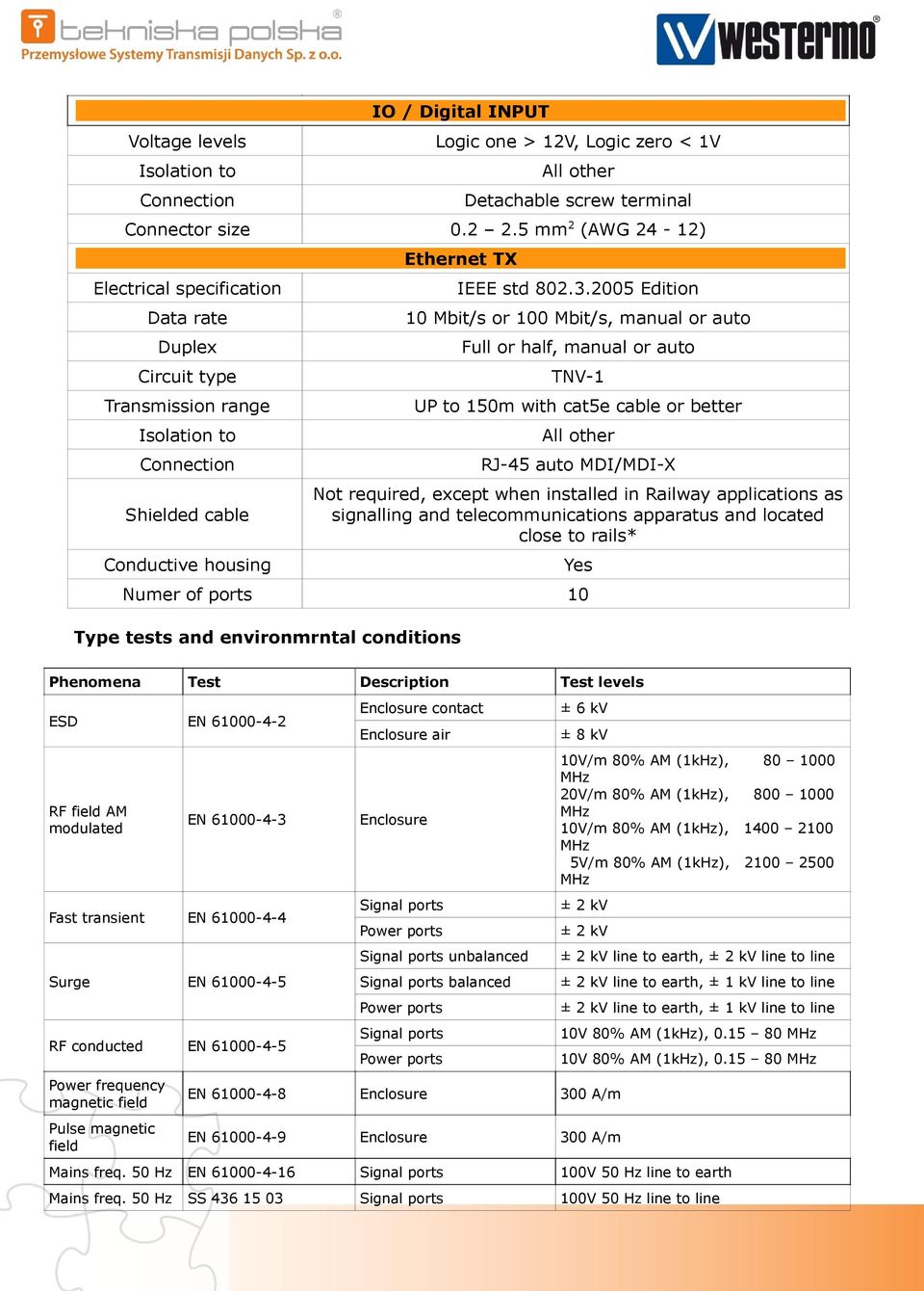 applications as signalling and telecommunications apparatus and located close to rails* Yes Numer of ports 10 Type tests and environmrntal conditions Phenomena Test Description Test levels ESD EN