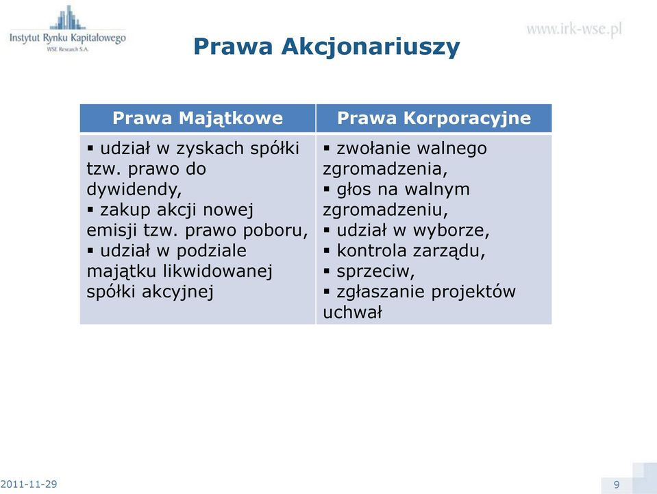 prawo poboru, udział w podziale majątku likwidowanej spółki akcyjnej Prawa