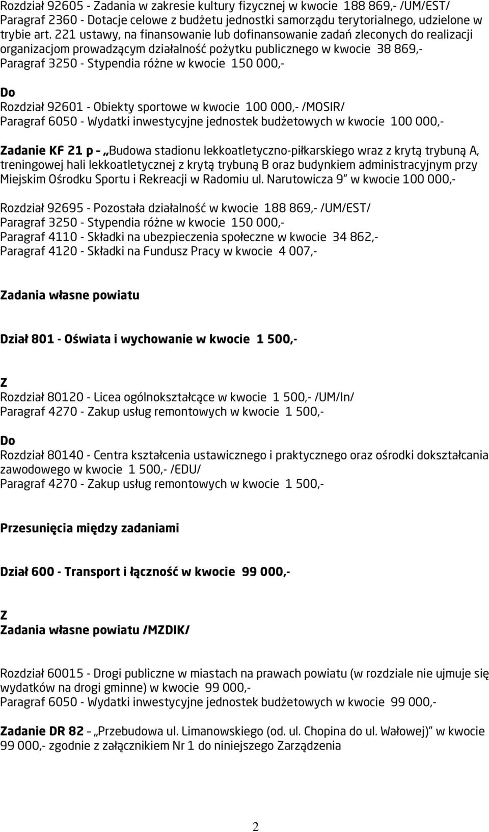 000,- Rozdział 92601 - Obiekty sportowe w kwocie 100 000,- /MOSIR/ Paragraf 6050 - Wydatki inwestycyjne jednostek budżetowych w kwocie 100 000,- adanie KF 21 p Budowa stadionu