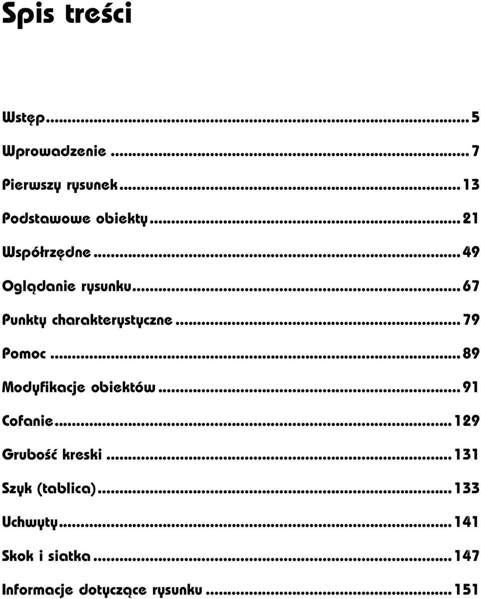 ..w... 91 Cofanie...w...129 Grubość kreski...w...131 Szyk (tablica)...w...133 Uchwyty...w...141 Skok i siatka.