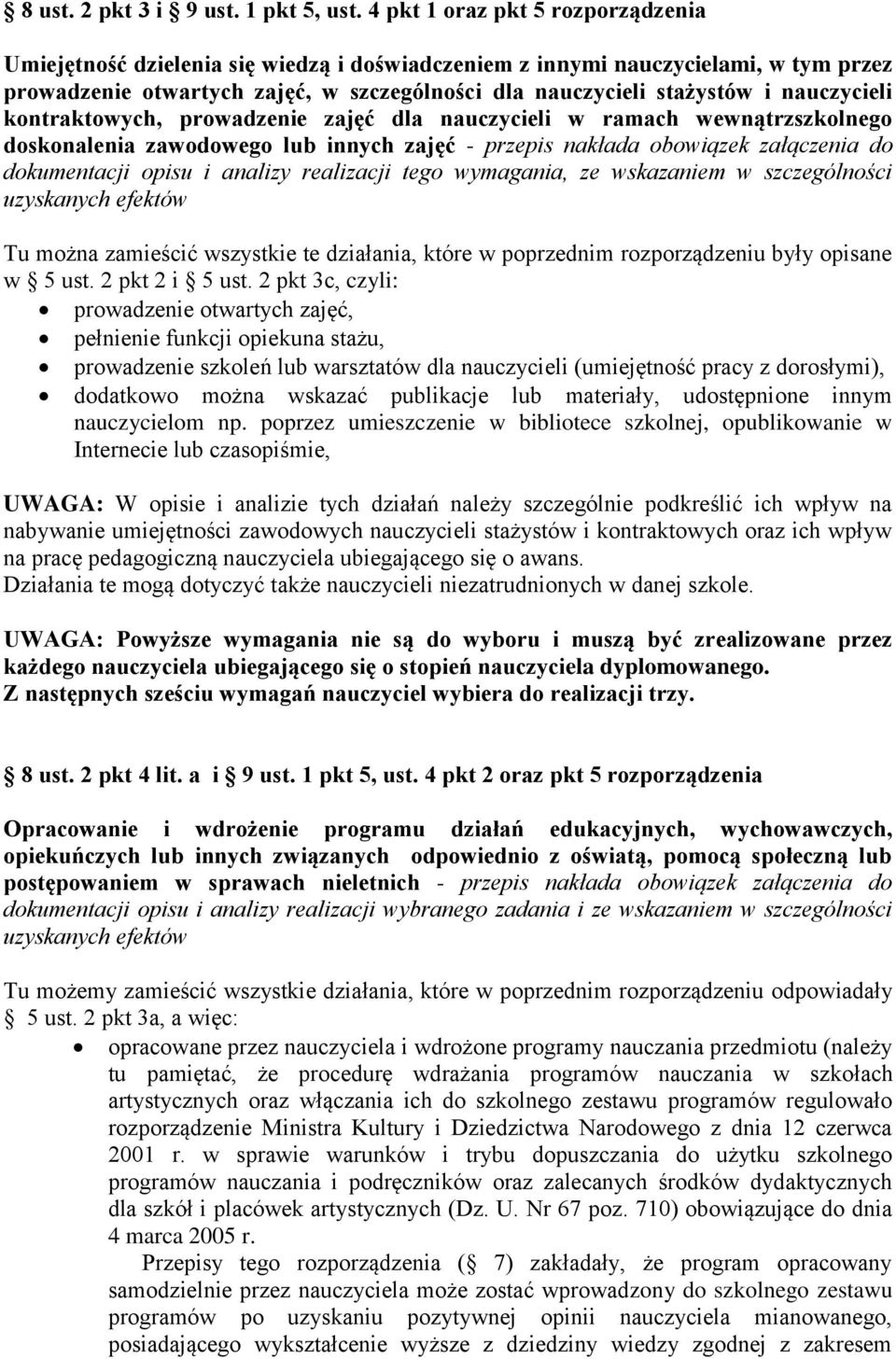 nauczycieli kontraktowych, prowadzenie zajęć dla nauczycieli w ramach wewnątrzszkolnego doskonalenia zawodowego lub innych zajęć - przepis nakłada obowiązek załączenia do dokumentacji opisu i analizy