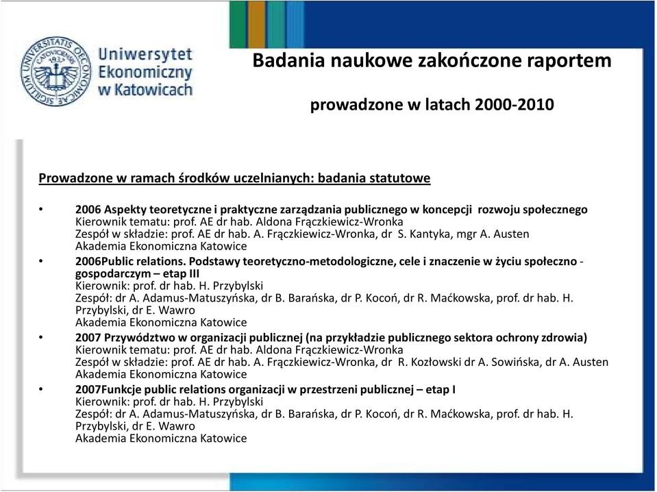 Podstawy teoretyczno-metodologiczne, cele i znaczenie w życiu społecznogospodarczym etap III Kierownik: prof. dr hab. H. Przybylski Zespół: dr A. Adamus-Matuszyńska, dr B. Barańska, dr P. Kocoń, dr R.