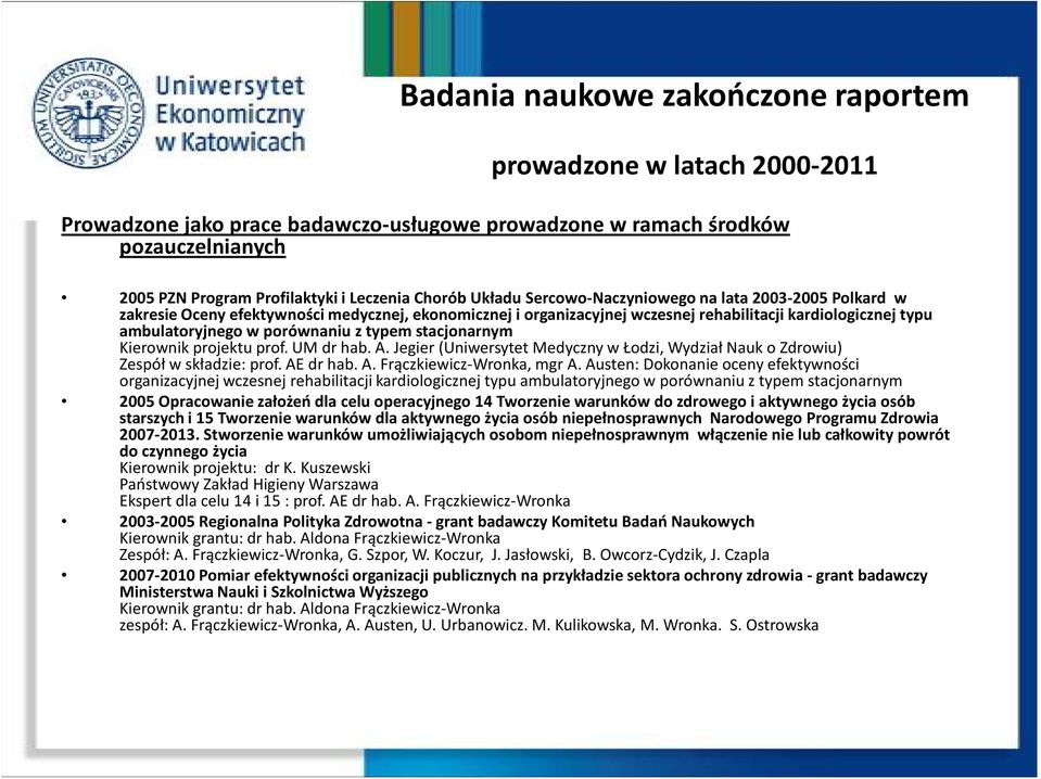 typem stacjonarnym Kierownik projektu prof. UM dr hab. A. Jegier (Uniwersytet Medyczny w Łodzi, Wydział Nauk o Zdrowiu) Zespół w składzie: prof. AE dr hab. A. Frączkiewicz-Wronka, mgr A.