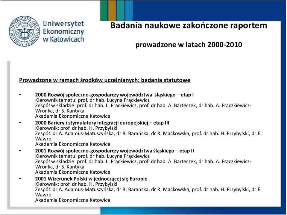 Kantyka 2000 Bariery i stymulatory integracji europejskiej etap III Kierownik: prof. dr hab. H. Przybylski Zespół: dr A. Adamus-Matuszyńska, dr B. Barańska, dr R. Maćkowska, prof. dr hab. H. Przybylski, dr E.