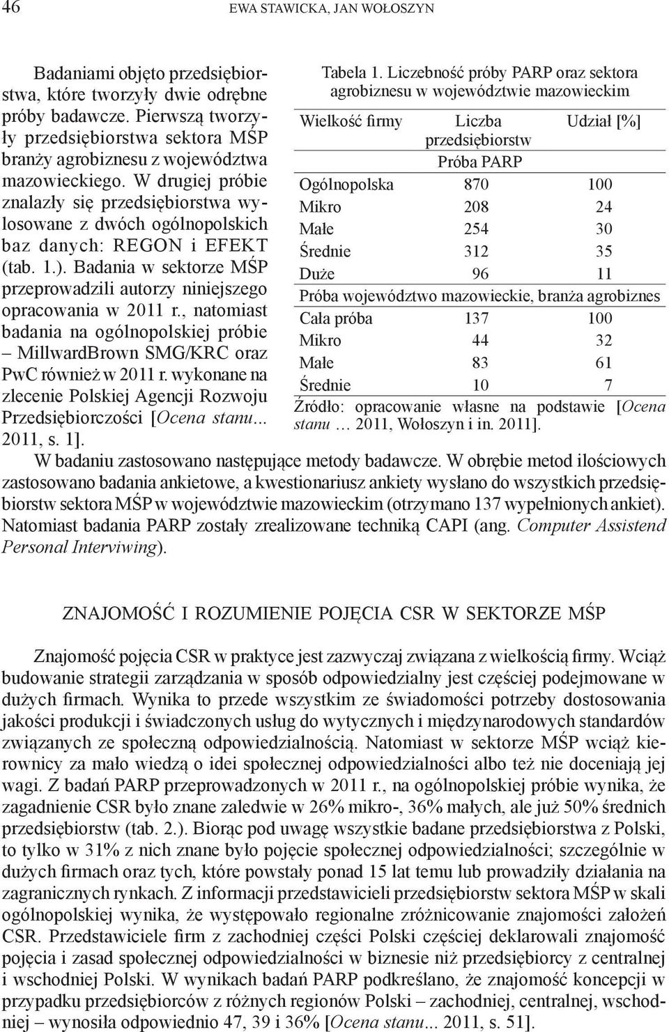 W drugiej próbie znalazły się przedsiębiorstwa wylosowane z dwóch ogólnopolskich baz danych: REGON i EFEKT (tab. 1.). Badania w sektorze MŚP przeprowadzili autorzy niniejszego opracowania w 2011 r.