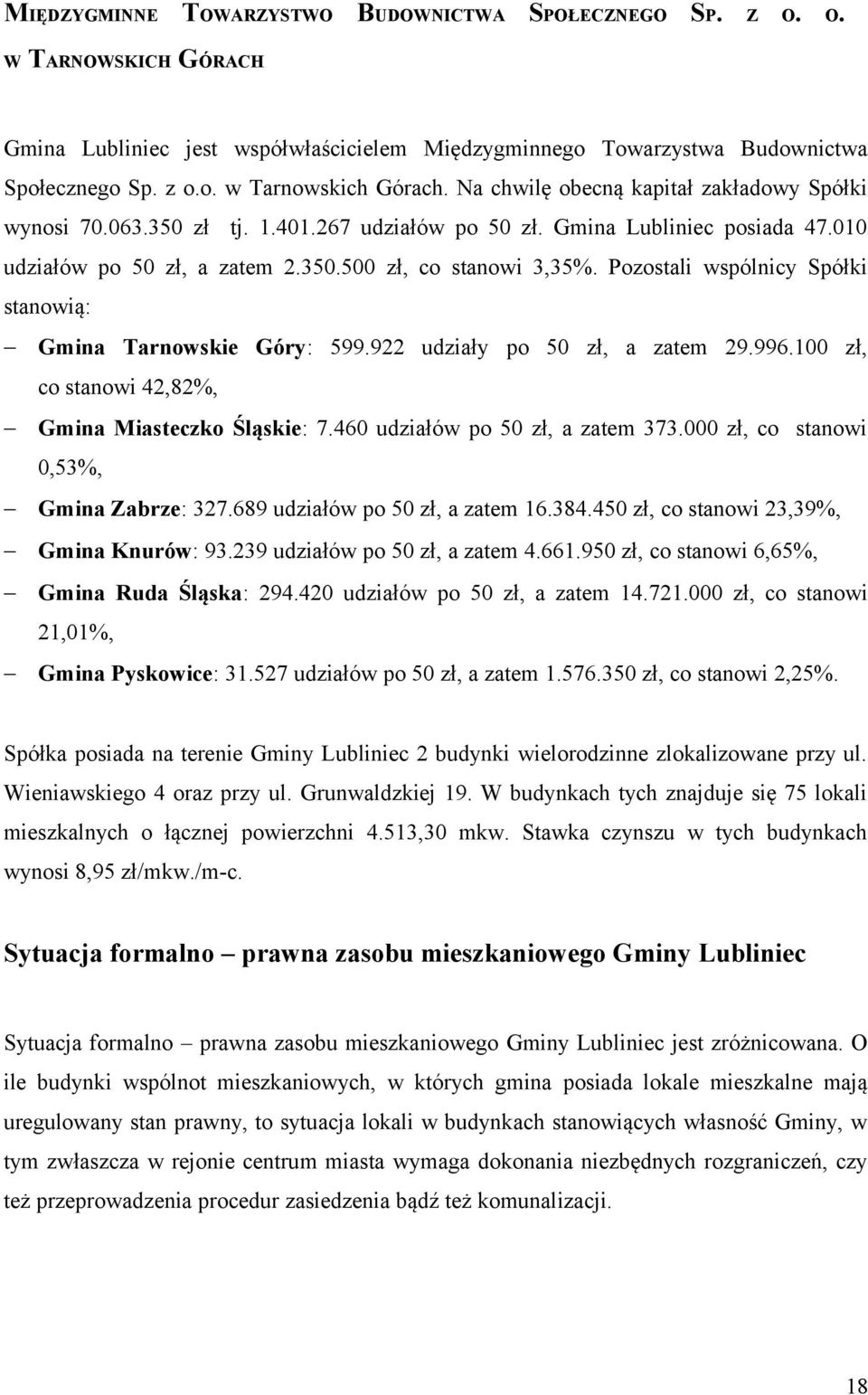 Pozostali wspólnicy Spółki stanowią: Gmina Tarnowskie Góry: 599.922 udziały po 50 zł, a zatem 29.996.100 zł, co stanowi 42,82%, Gmina Miasteczko Śląskie: 7.460 udziałów po 50 zł, a zatem 373.