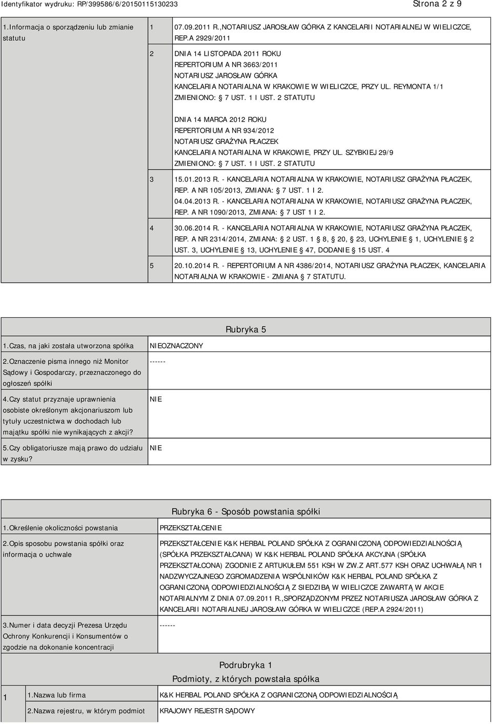 2 STATUTU DNIA 14 MARCA 2012 ROKU REPERTORIUM A NR 934/2012 NOTARIUSZ GRAŻYNA PŁACZEK KANCELARIA NOTARIALNA W KRAKOWIE, PRZY UL. SZYBKIEJ 29/9 ZMIENIONO: 7 UST. 1 I UST. 2 STATUTU 3 15.01.2013 R.