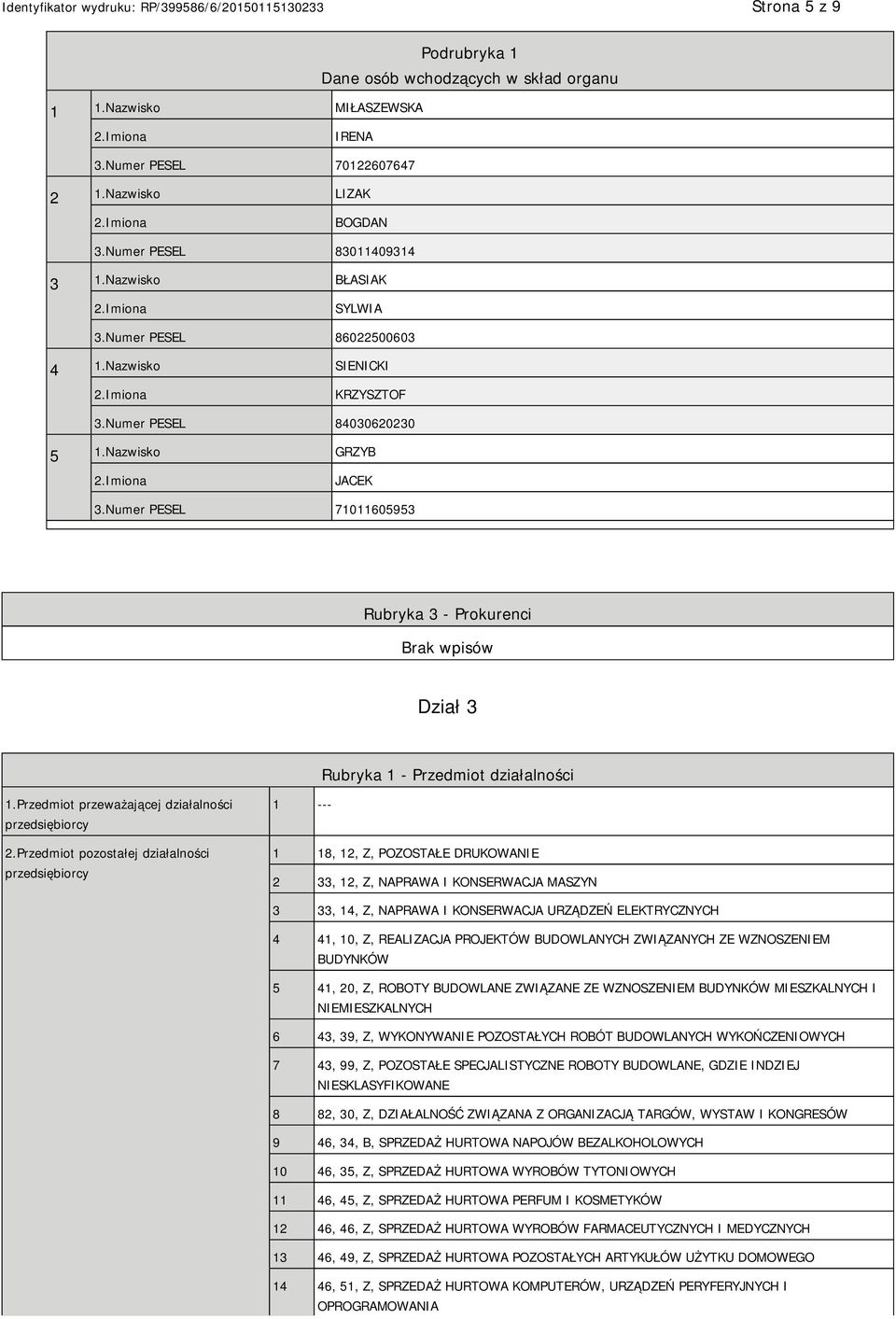 Numer PESEL 71011605953 Rubryka 3 - Prokurenci Dział 3 Rubryka 1 - Przedmiot działalności 1.Przedmiot przeważającej działalności przedsiębiorcy 2.