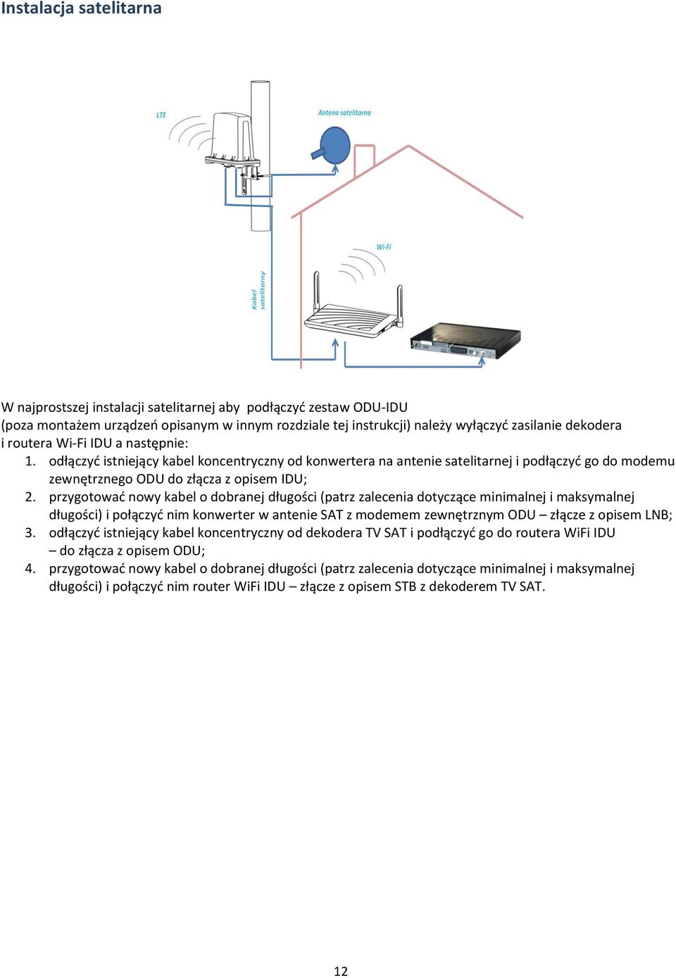 przygotowad nowy kabel o dobranej długości (patrz zalecenia dotyczące minimalnej i maksymalnej długości) i połączyd nim konwerter w antenie SAT z modemem zewnętrznym ODU złącze z opisem LNB; 3.