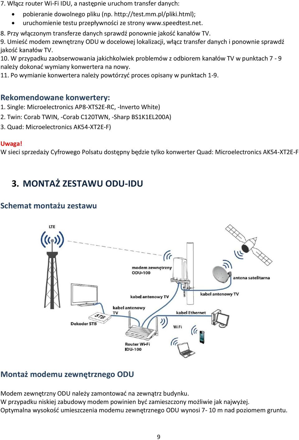 W przypadku zaobserwowania jakichkolwiek problemów z odbiorem kanałów TV w punktach 7-9 należy dokonad wymiany konwertera na nowy. 11.