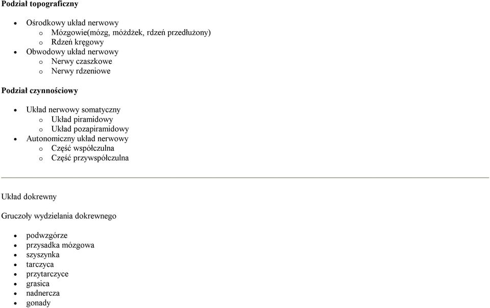 piramidowy o Układ pozapiramidowy Autonomiczny układ nerwowy o Część współczulna o Część przywspółczulna Układ