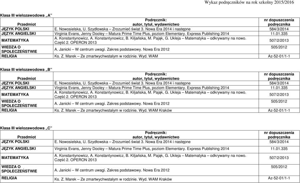 Kiljańska, M. Pająk, G. Ukleja Matematyka odkrywamy na nowo. Część 2. OPERON 2013 507/2/2013 WIEDZA O 505/2012 A. Janicki W centrum uwagi. Zakres podstawowy. Nowa Era 2012 SPOŁECZEŃSTWIE RELIGIA Ks.