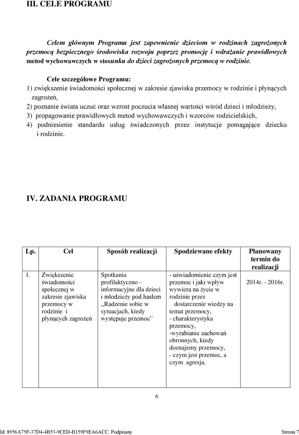 Cele szczegółowe Programu: 1) zwiększenie świadomości społecznej w zakresie zjawiska przemocy w rodzinie i płynących zagrożeń, 2) poznanie świata uczuć oraz wzrost poczucia własnej wartości wśród