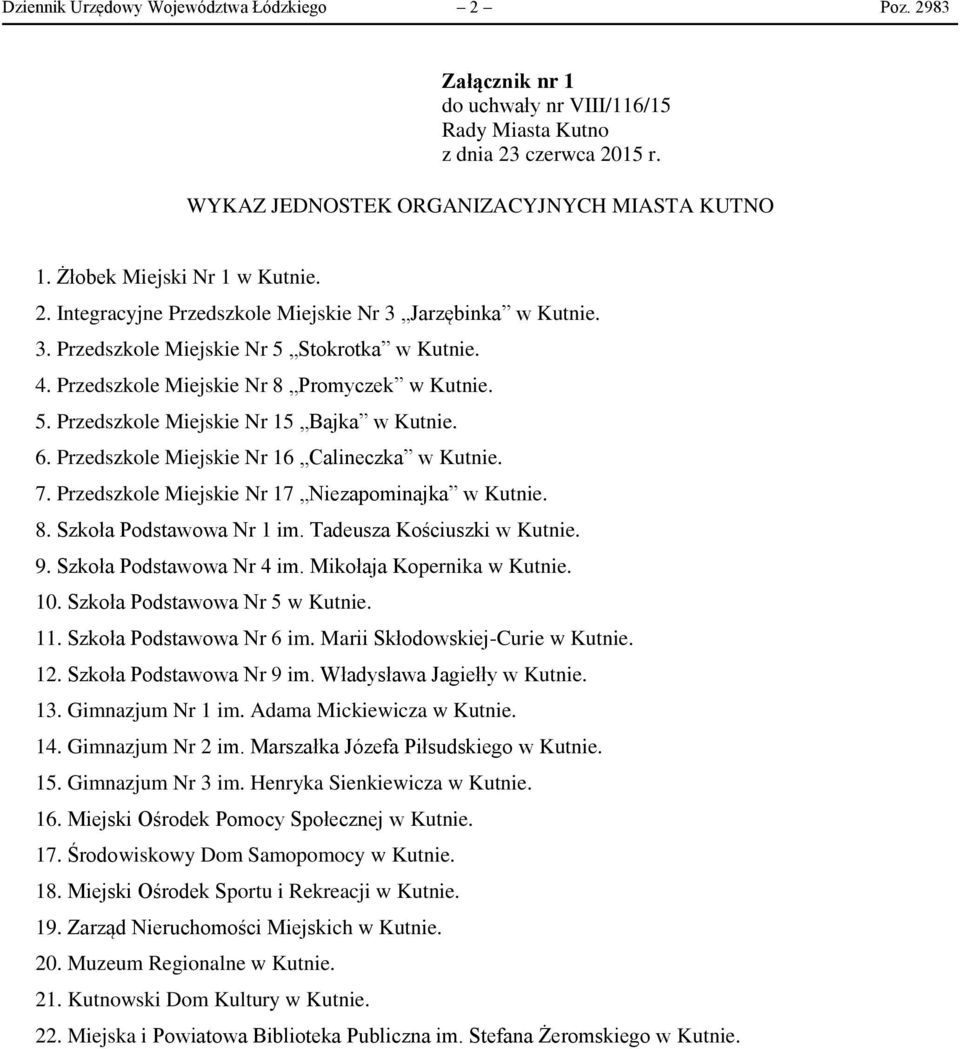 Przedszkole Miejskie Nr 17 Niezapominajka w Kutnie. 8. Szkoła Podstawowa Nr 1 im. Tadeusza Kościuszki w Kutnie. 9. Szkoła Podstawowa Nr 4 im. Mikołaja Kopernika w Kutnie. 10.