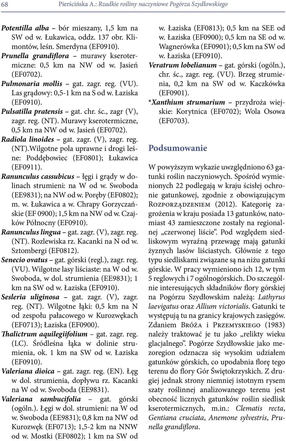 Jasień (EF0702). Radiola linoides gat. zagr. (V), zagr. reg. (NT).Wilgotne pola uprawne i drogi leśne: Poddębowiec (EF0801); Łukawica (EF0911).