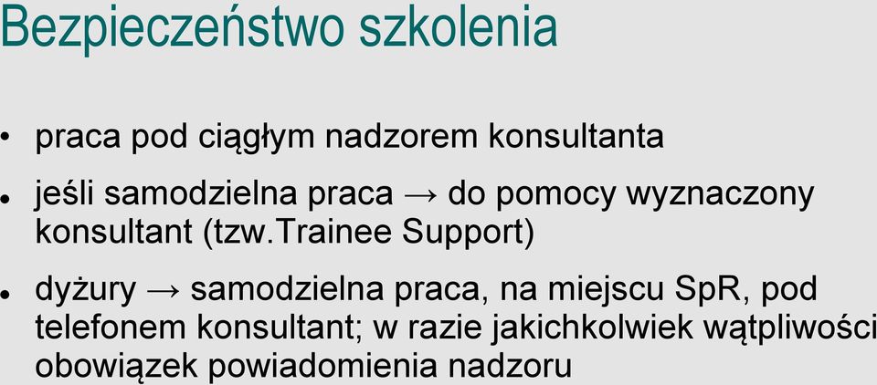 trainee Support) dyżury samodzielna praca, na miejscu SpR, pod