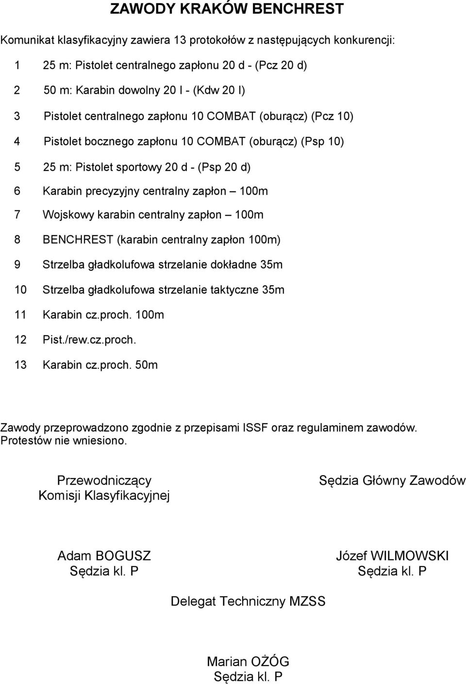 centralny zapłon 100m 8 BENCHREST (karabin centralny zapłon 100m) 9 Strzelba gładkolufowa strzelanie dokładne 35m 10 Strzelba gładkolufowa strzelanie taktyczne 35m 11 Karabin cz.proch. 100m 12 Pist.