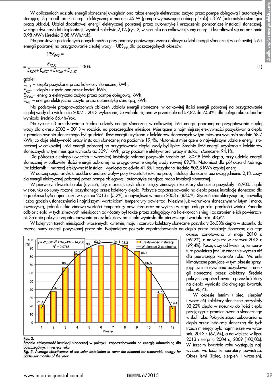 Udział dodatkowej energii elektrycznej pobranej przez automatykę i urządzenia pomocnicze instalacji słonecznej, w ciągu dwunastu lat eksploatacji, wyniósł zaledwie 2,1% (rys.
