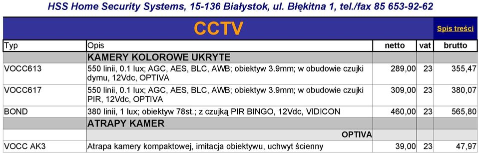 1 lux; AGC, AES, BLC, AWB; obiektyw 3.