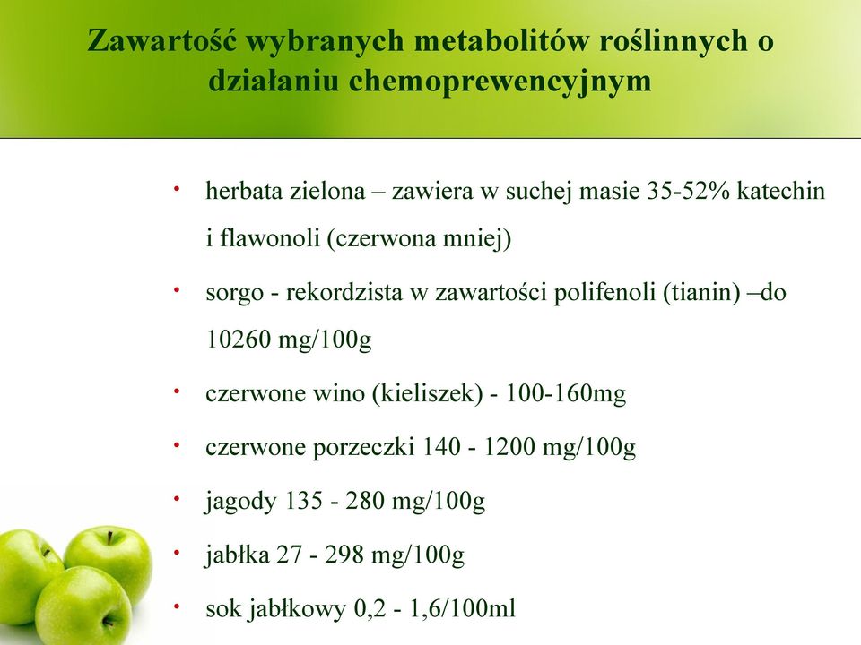 zawartości polifenoli (tianin) do 10260 mg/100g czerwone wino (kieliszek) - 100-160mg